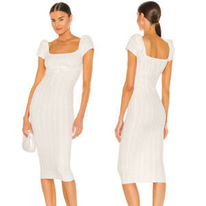 LPA Short Sleeve Padded Shoulder Crochet Bodycon Midi Dress Cream Women's S